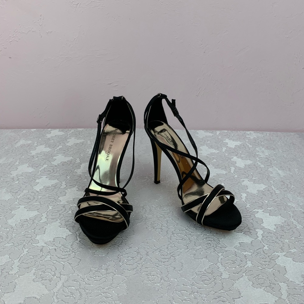 Audrey Brooke Strappy Black/Gold Fiona Platforms